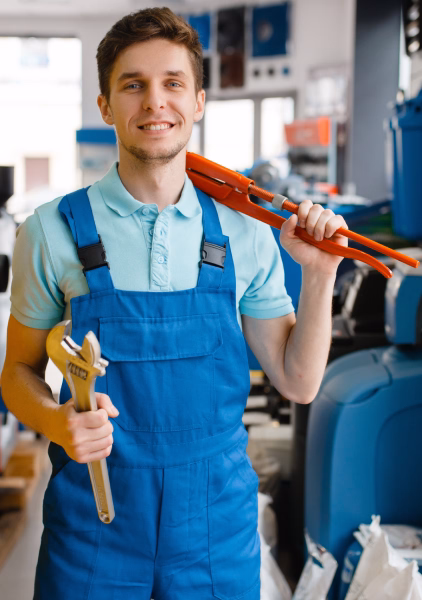 Professional plumber preparing tools and equipment for a job